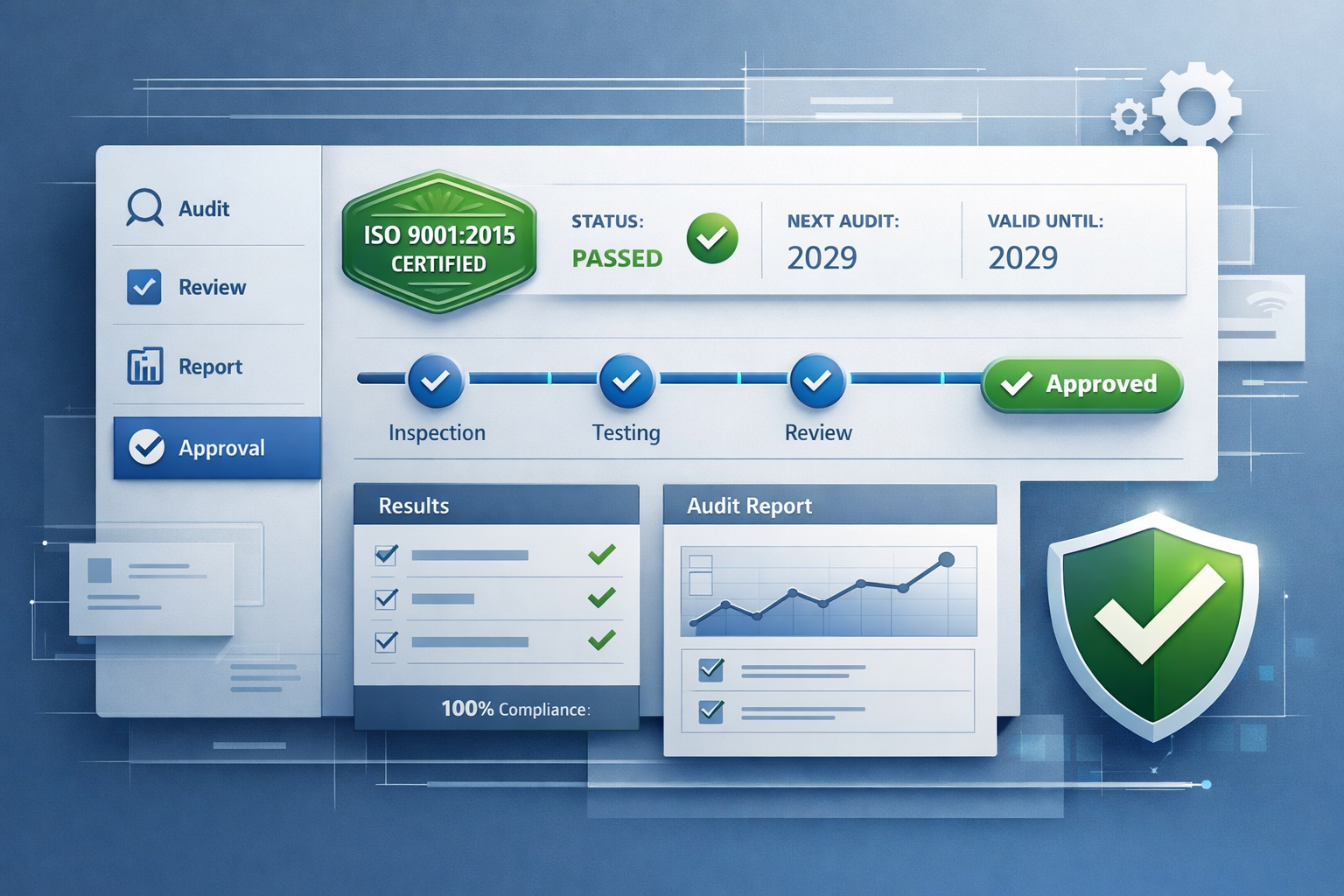AI generated picture that looks like a screenshot of a program to show ISO 9001 Audit passed